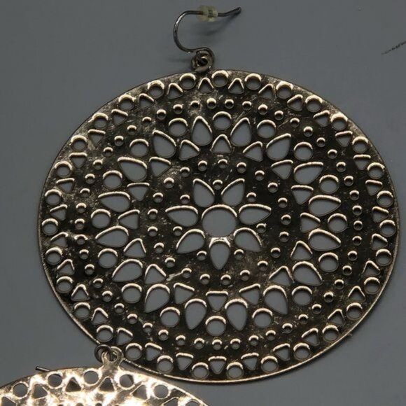 Round big graphic design set 2 gold pink earrings pierced dangle embossed READ - Picture 2 of 10